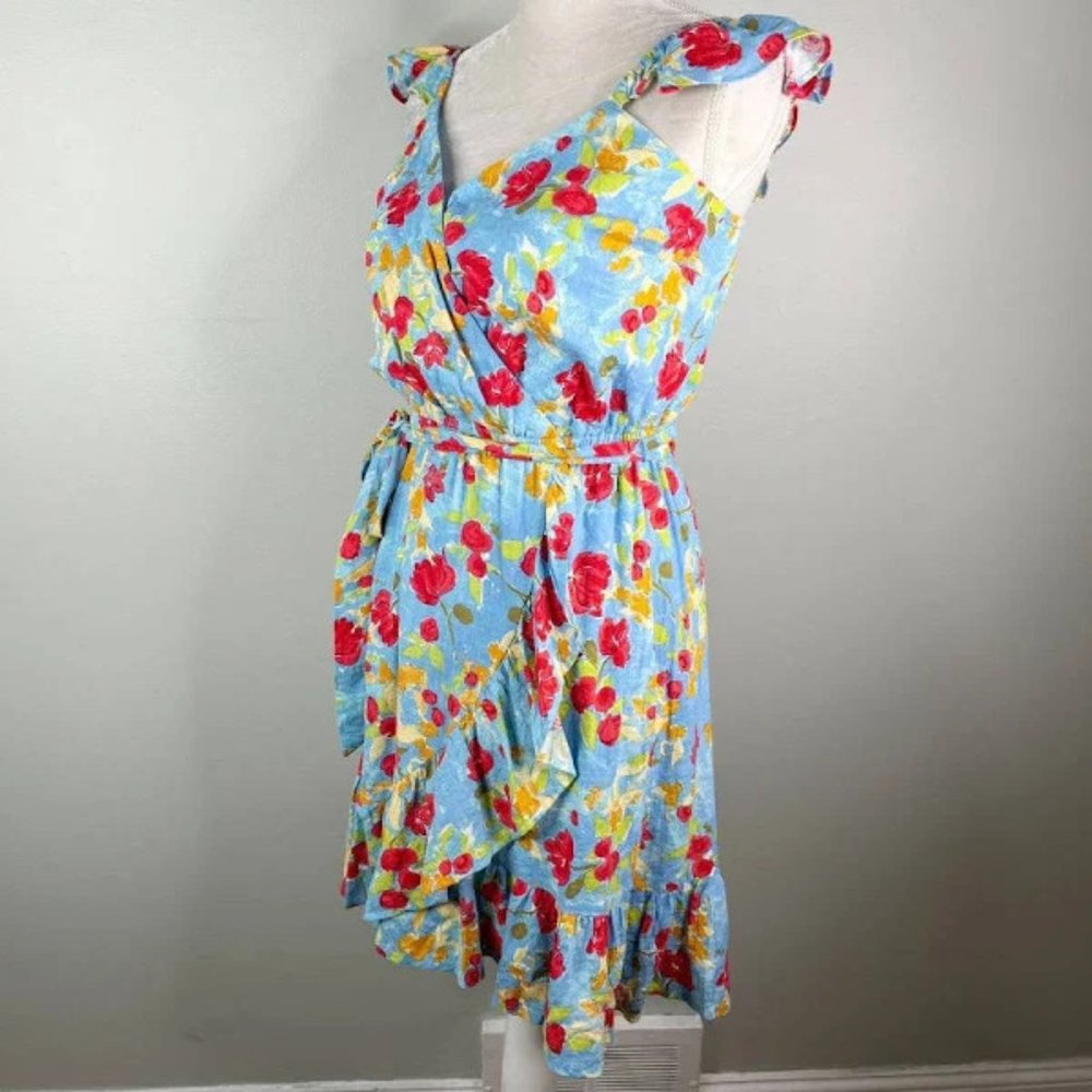 LC LAUREN CONRAD floral WRAP DRESS sleeveless BELT blue SIZE xxl - Picture 4 of 13